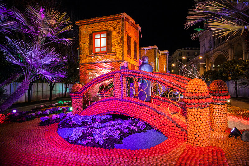House and bridge made our of oranges and lemons at the Menton Lemon Festival, southern France